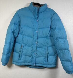 L.L.Bean Women’s Medium Blue Down Puffer Jacket Full Zip Snap Winter Coat